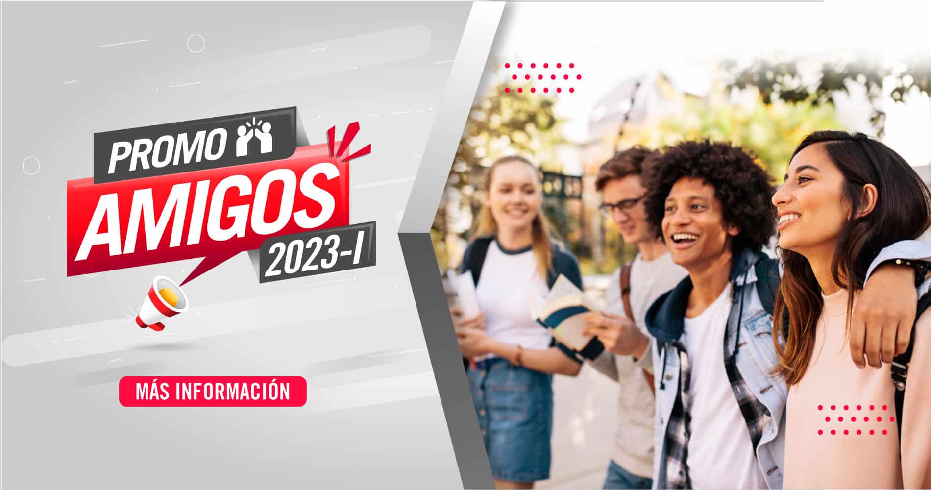 cuatro jóvenes universitarios y logo de promo amigos 2023-1