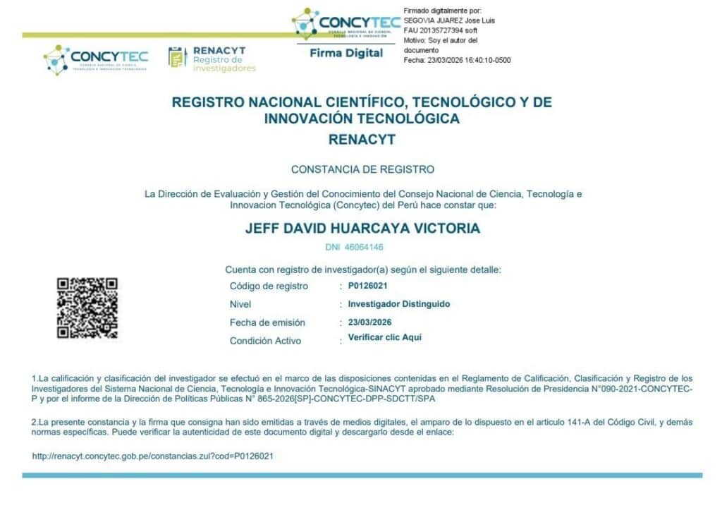 Facsímil de la constancia oficial emitida por CONCYTEC que certifica al Dr. Jeff David Huarcaya Victoria, docente de la UPSJB, en el nivel de Investigador Distinguido del RENACYT.