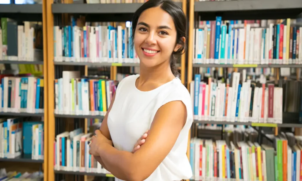 Alumnos universitarios estudiando en una biblioteca de una universidad que brinda educación de calidad.