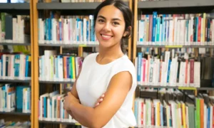 Alumnos universitarios estudiando en una biblioteca de una universidad que brinda educación de calidad.