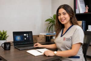 Estudiante de Terapia Física y Rehabilitación participa en el simposio internacional de fisioterapia “Razonamiento Clínico en Fisioterapia” a través de una plataforma virtual desde su laptop.