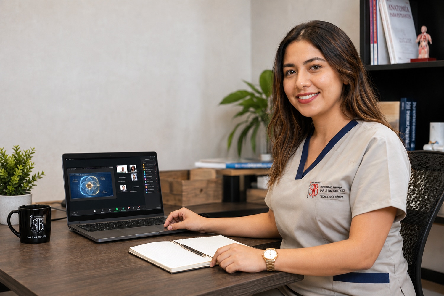 Estudiante de Terapia Física y Rehabilitación participa en el simposio internacional de fisioterapia “Razonamiento Clínico en Fisioterapia” a través de una plataforma virtual desde su laptop.