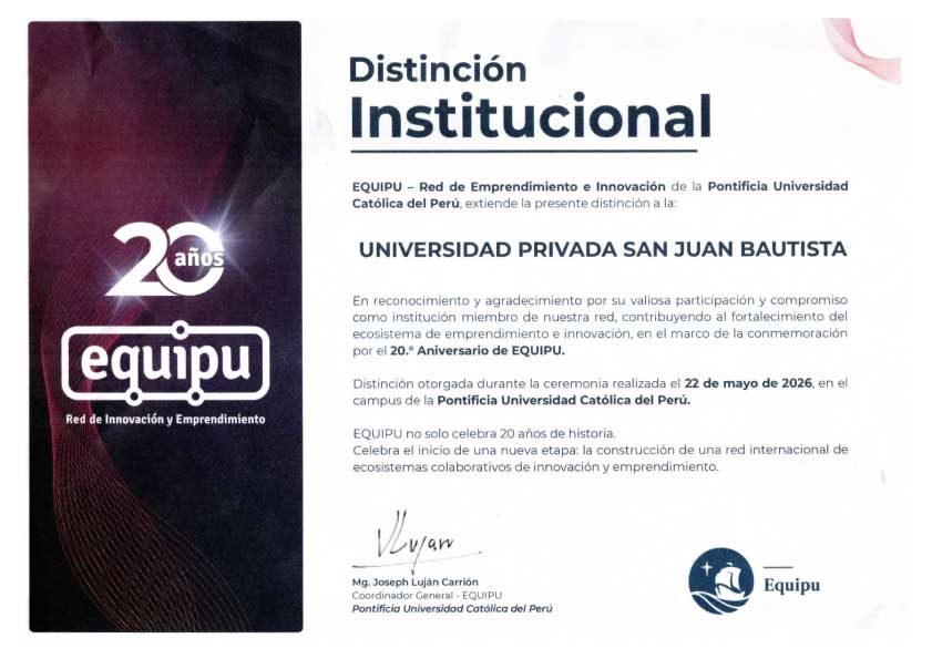 diploma-reconocimiento-institucional-red-equipu-upsjb Primer plano del diploma impreso de reconocimiento institucional otorgado por la Red Equipu de la PUCP a la Universidad Privada San Juan Bautista por su participación activa.