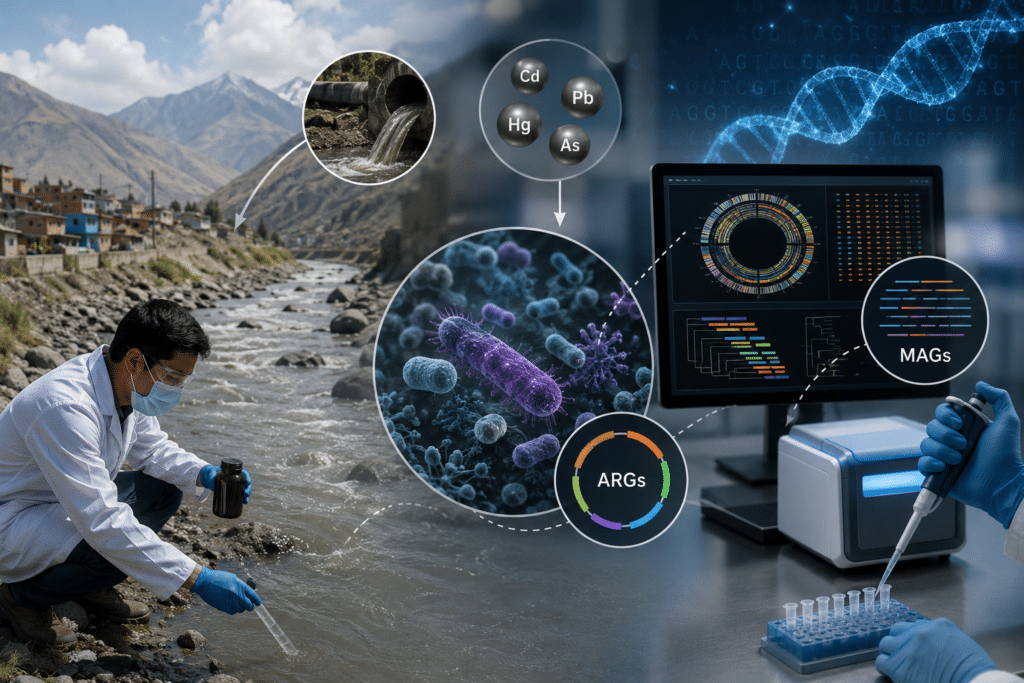 Investigación sobre resistencia microbiana y contaminación ambiental en el río Rímac Investigador recolecta muestras de agua en la cuenca alta del río Rímac para estudiar la resistencia microbiana a metales pesados mediante análisis de metagenomas ensamblados (MAGs).
