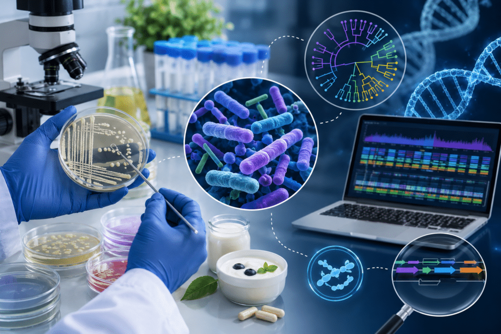 Resolución genómica de bacterias probióticas para aplicaciones en salud Investigador analiza bacterias probióticas en laboratorio mediante técnicas de microbiología y genómica comparativa para estudiar su diversidad funcional.