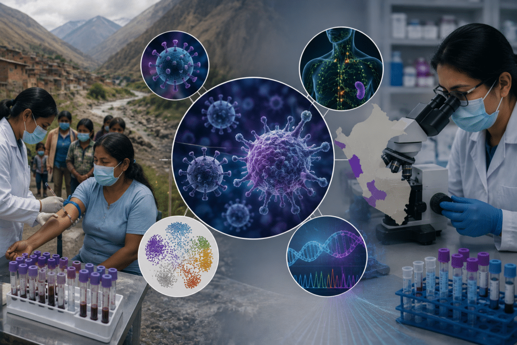 Investigación sobre evolución clonal y enfermedades virales en comunidades vulnerables Investigación científica realiza toma de muestras y análisis de laboratorio para estudiar la evolución clonal asociada a virus linfotrópicos en comunidades vulnerables del Perú.