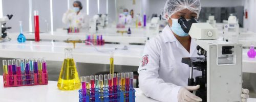 Docente investigadora de la UPSJB realizando análisis microbiológicos en laboratorio especializado como parte de proyectos científicos financiados por ProCiencia.