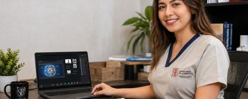 Estudiante de Terapia Física y Rehabilitación participa en el simposio internacional de fisioterapia “Razonamiento Clínico en Fisioterapia” a través de una plataforma virtual desde su laptop.